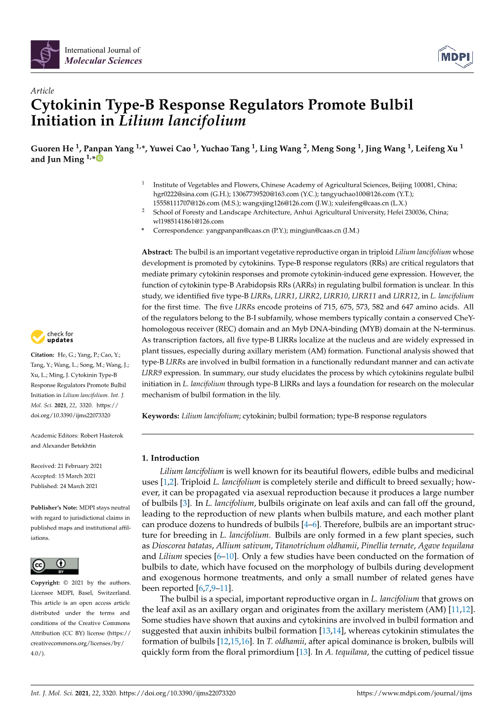 Cytokinin Type-B Response Regulators Promote Bulbil Initiation in Lilium Lancifolium