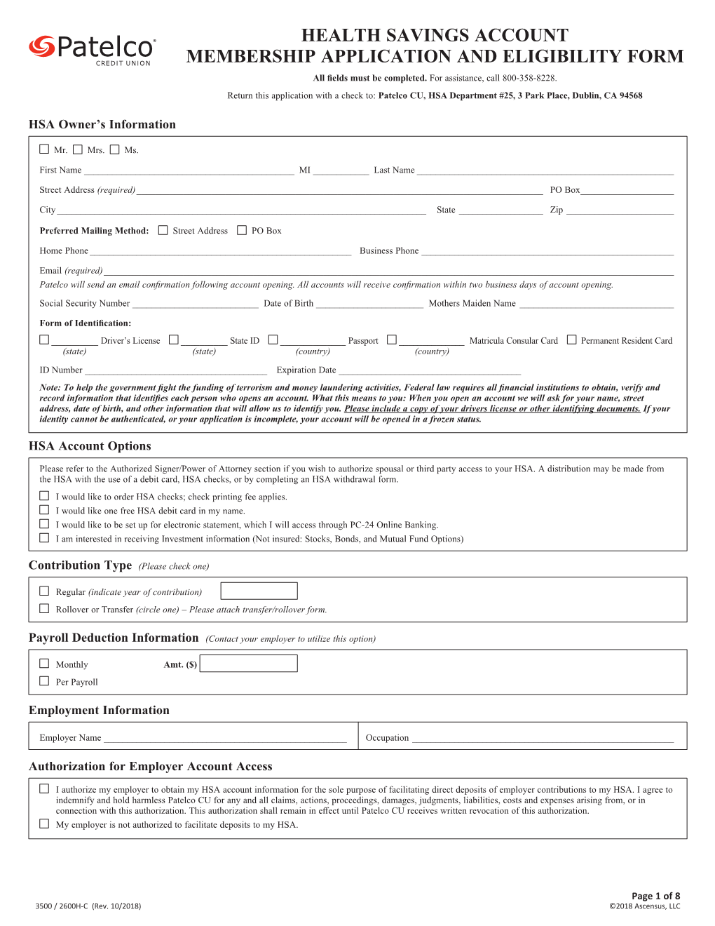 3500 HSA Custodial Application, Plan Agreement and Disclosure Statement