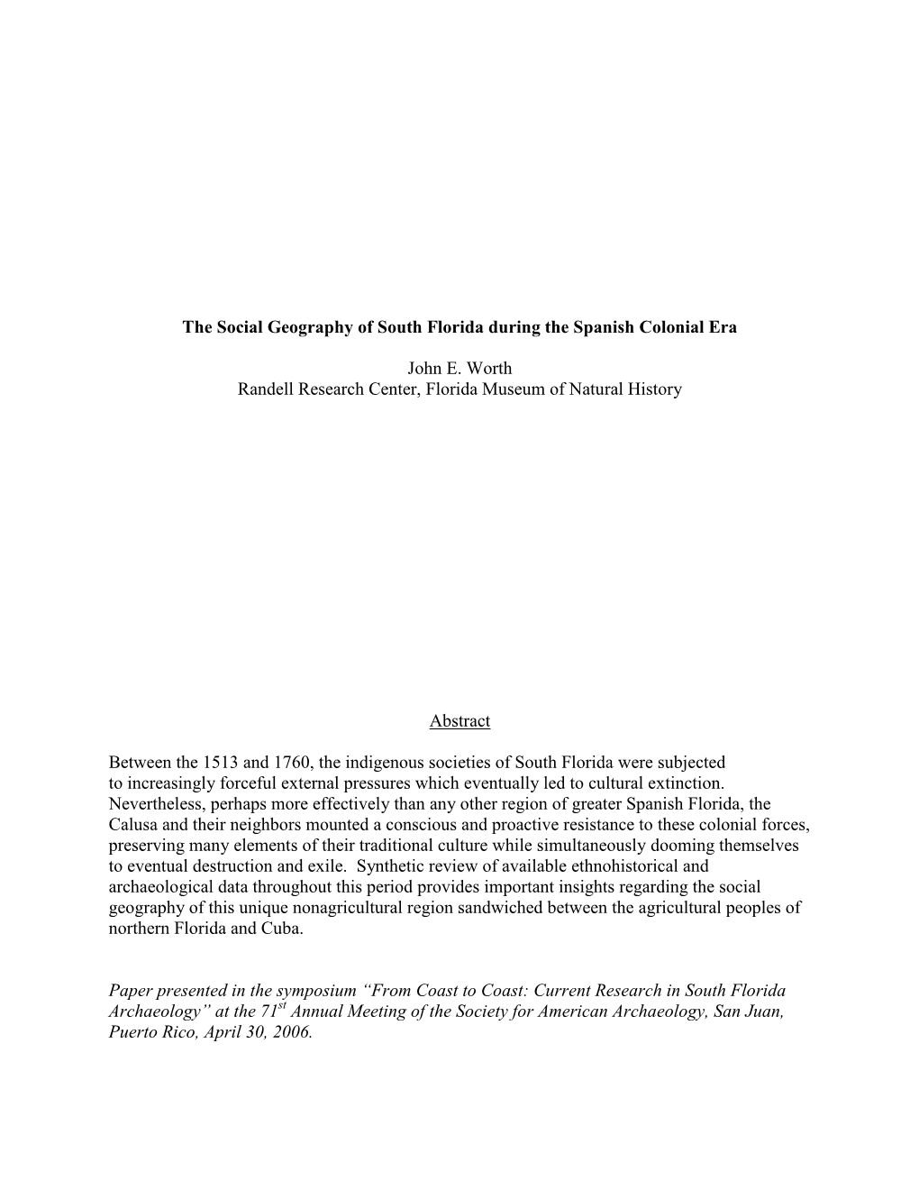 The Social Geography of South Florida During the Spanish Colonial Era