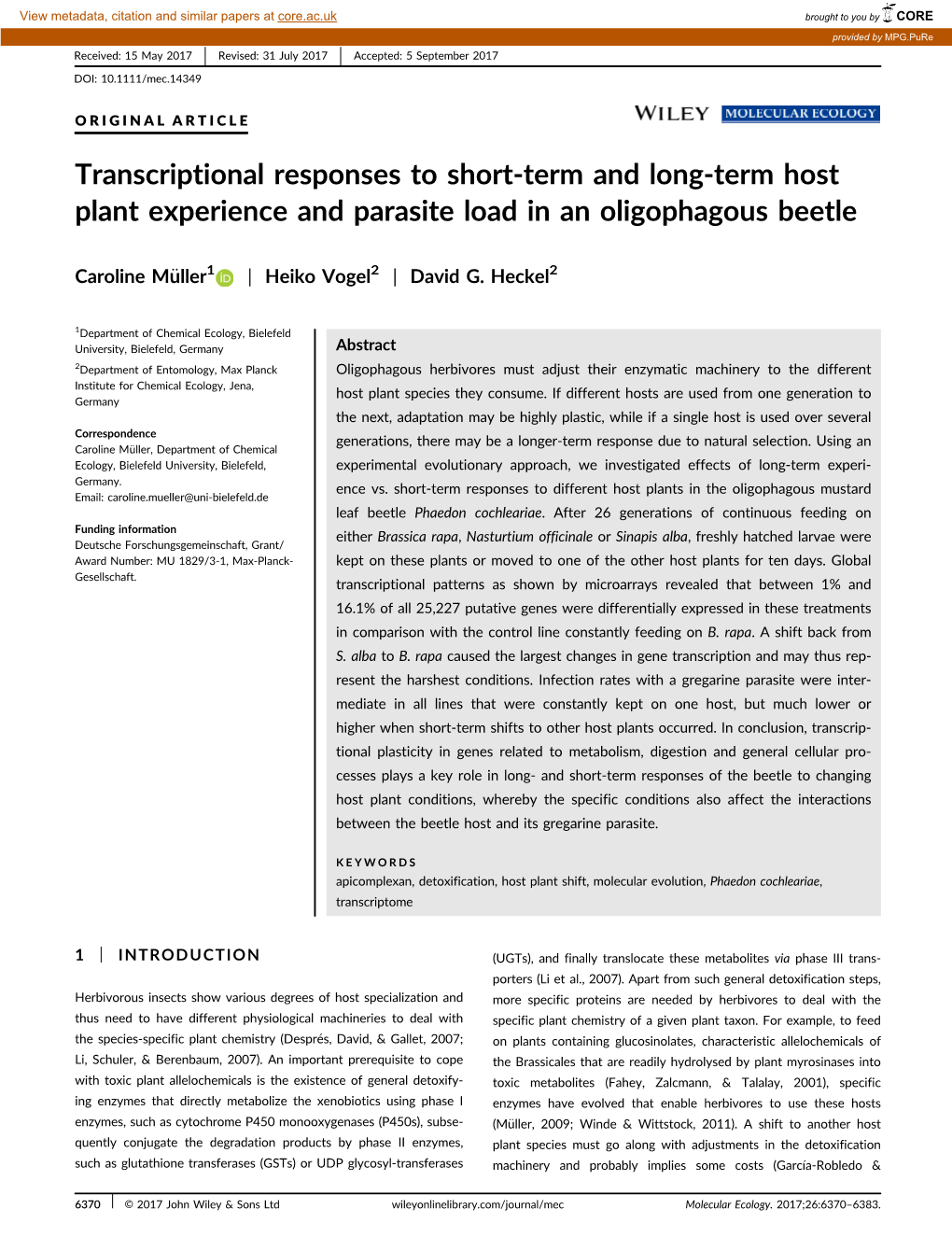 Transcriptional Responses to Short‐Term and Long‐Term Host Plant