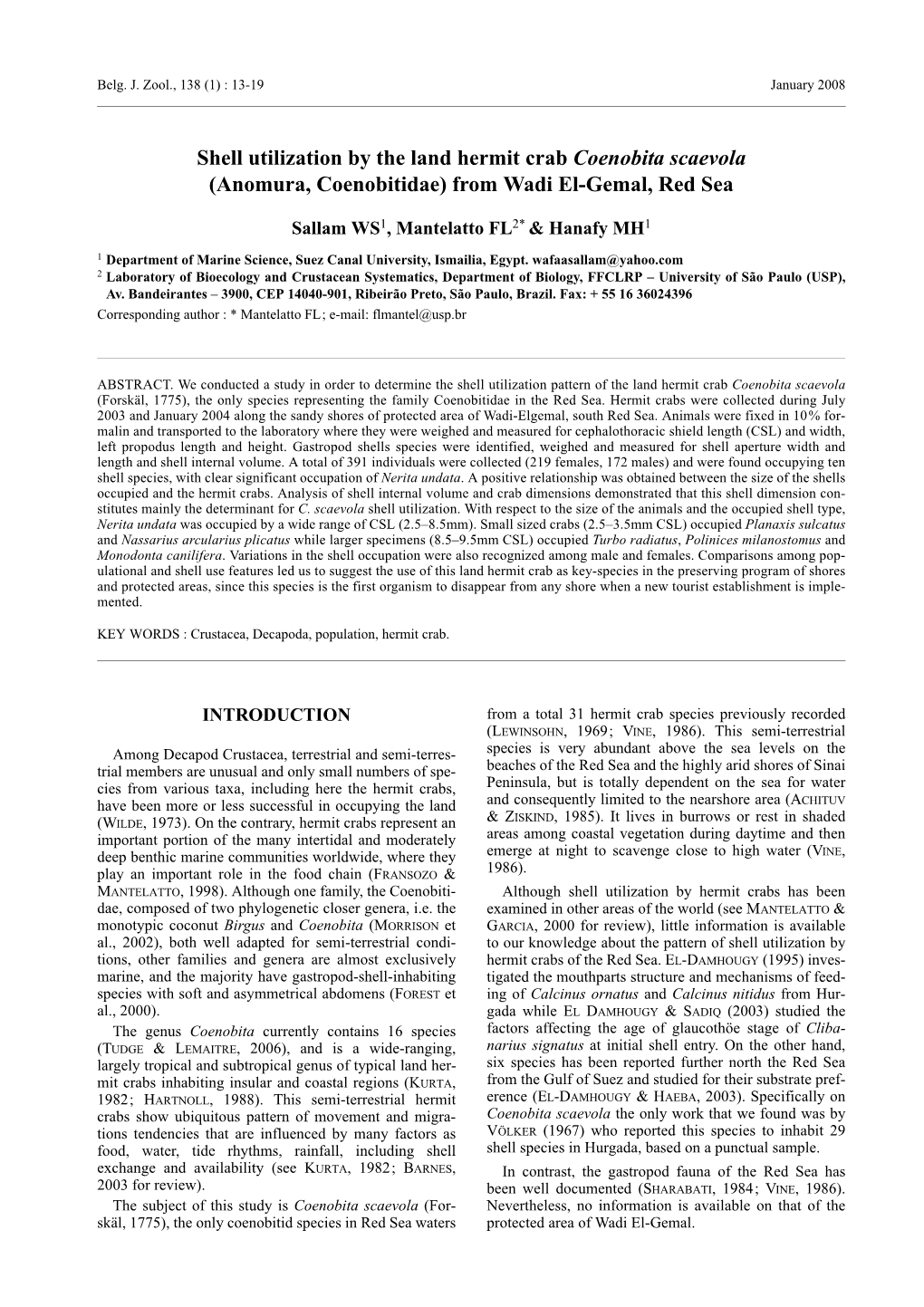 Shell Utilization by the Land Hermit Crab Coenobita Scaevola (Anomura, Coenobitidae) from Wadi El-Gemal, Red Sea