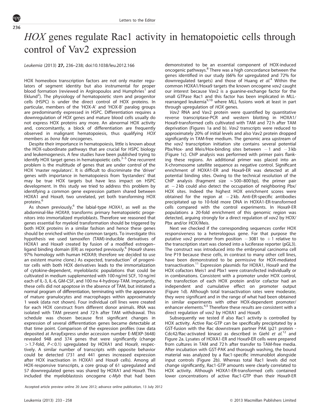 HOX Genes Regulate Rac1 Activity in Hematopoietic Cells Through Control of Vav2 Expression