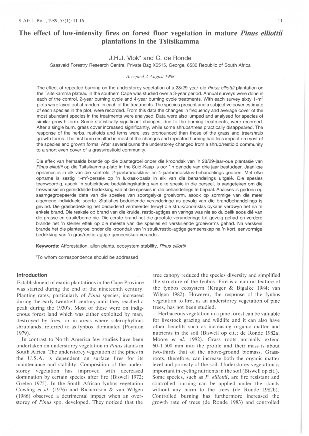 The Effect of Low-Intensity Fires on Forest Floor Vegetation in Mature Pinus Elliottii Plantations in the Tsitsikamma