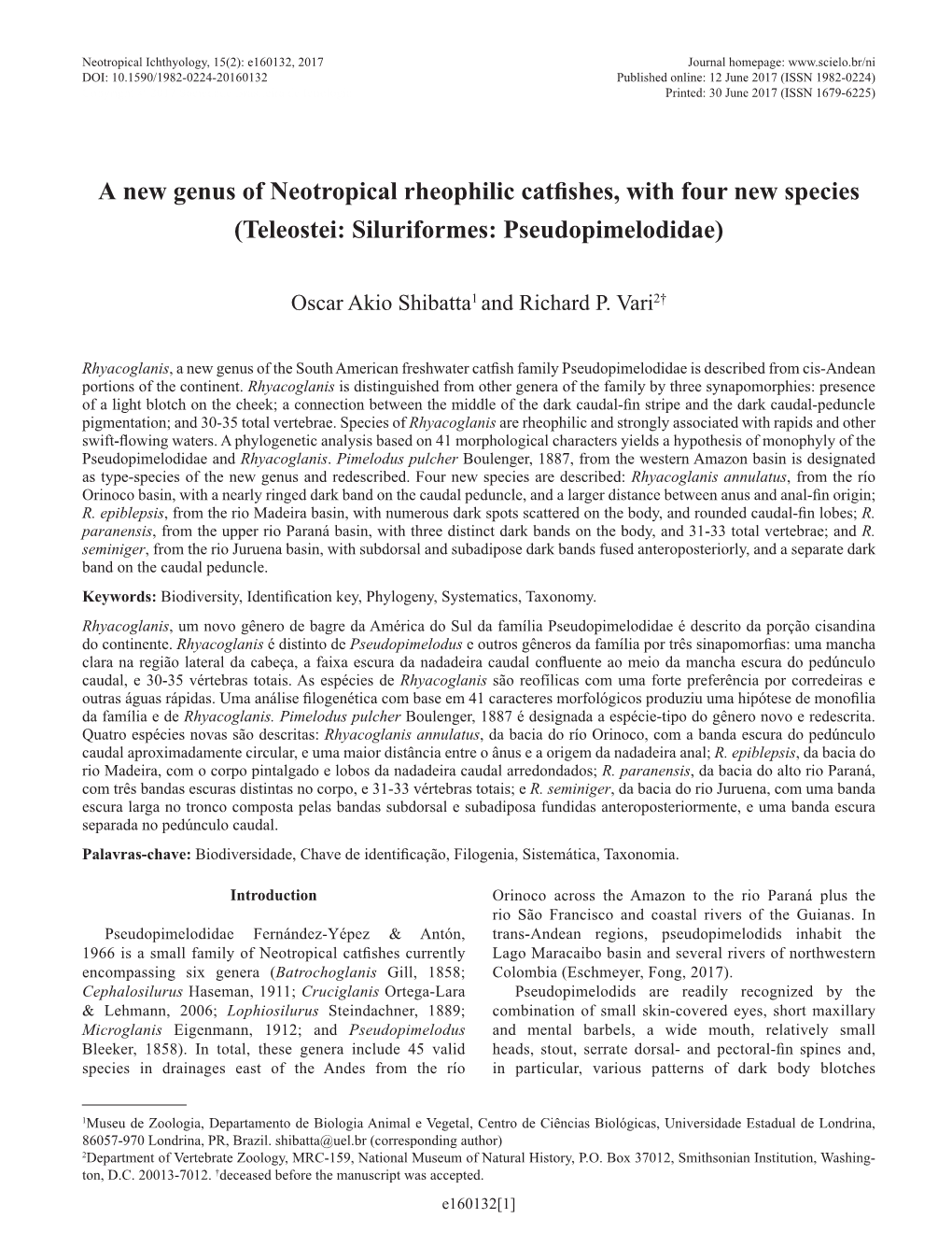 A New Genus of Neotropical Rheophilic Catfishes, with Four New Species (Teleostei: Siluriformes: Pseudopimelodidae)