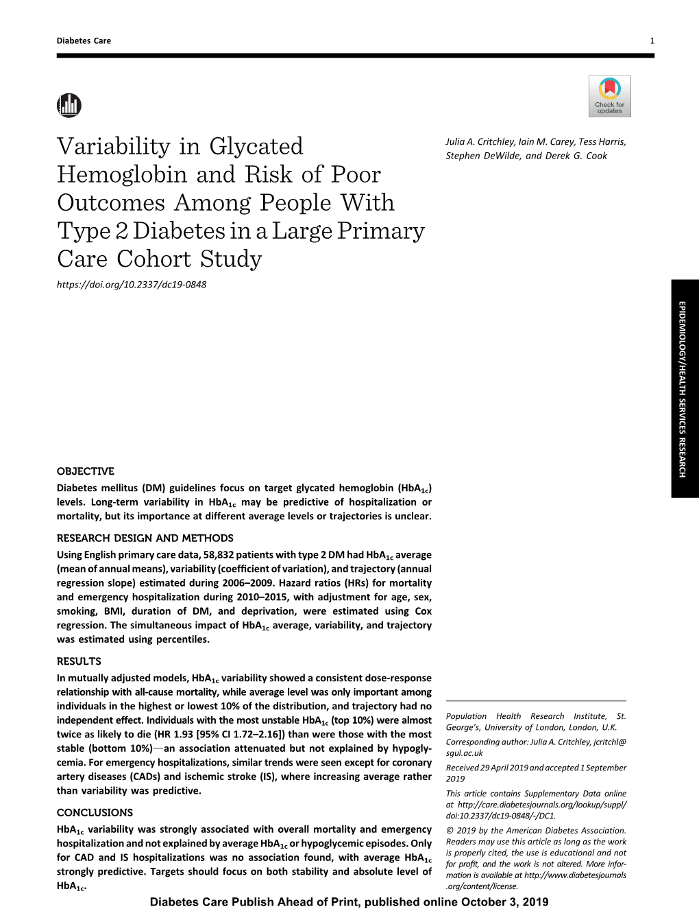 Variability in Glycated Hemoglobin and Risk of Poor Outcomes Among