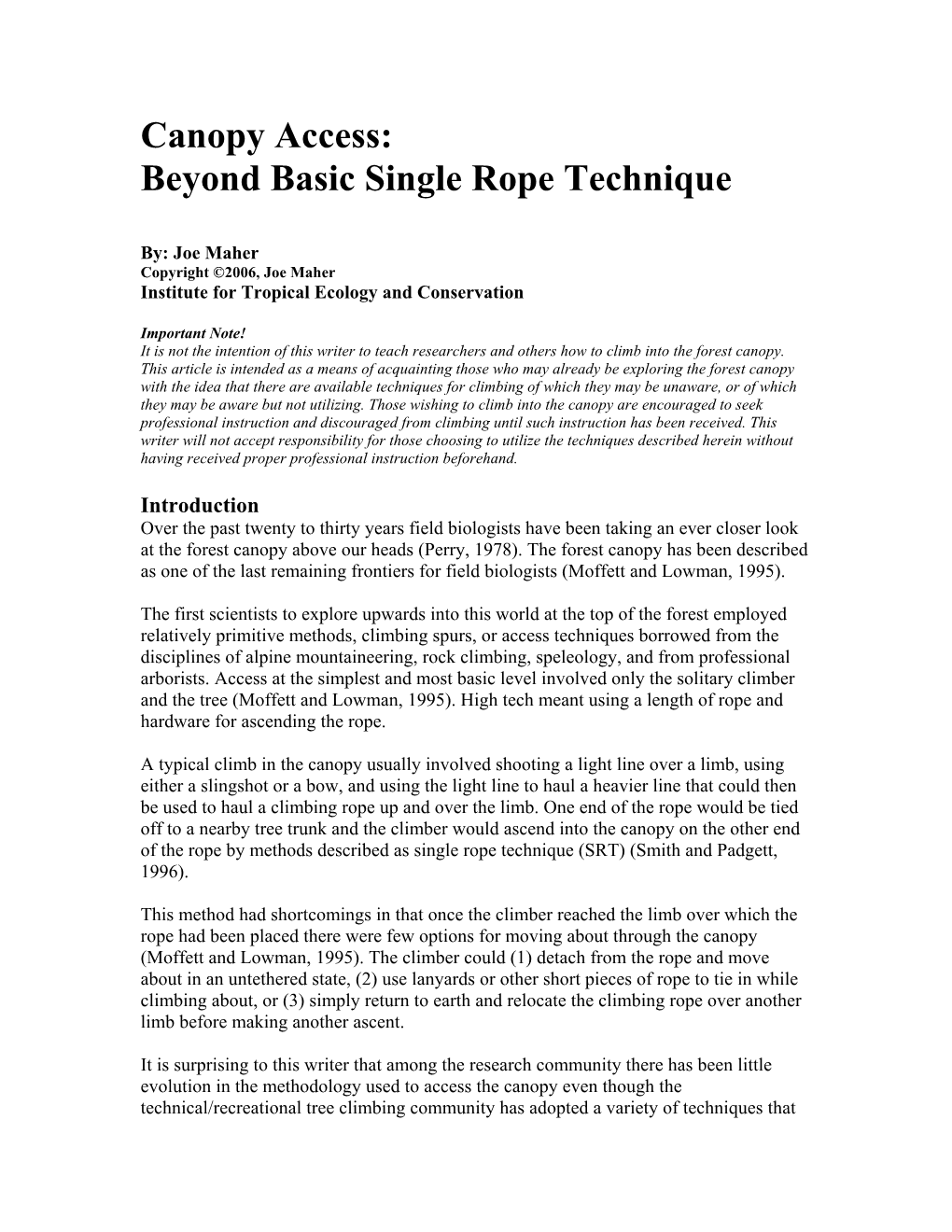 Canopy Access: Beyond Basic Single Rope Technique
