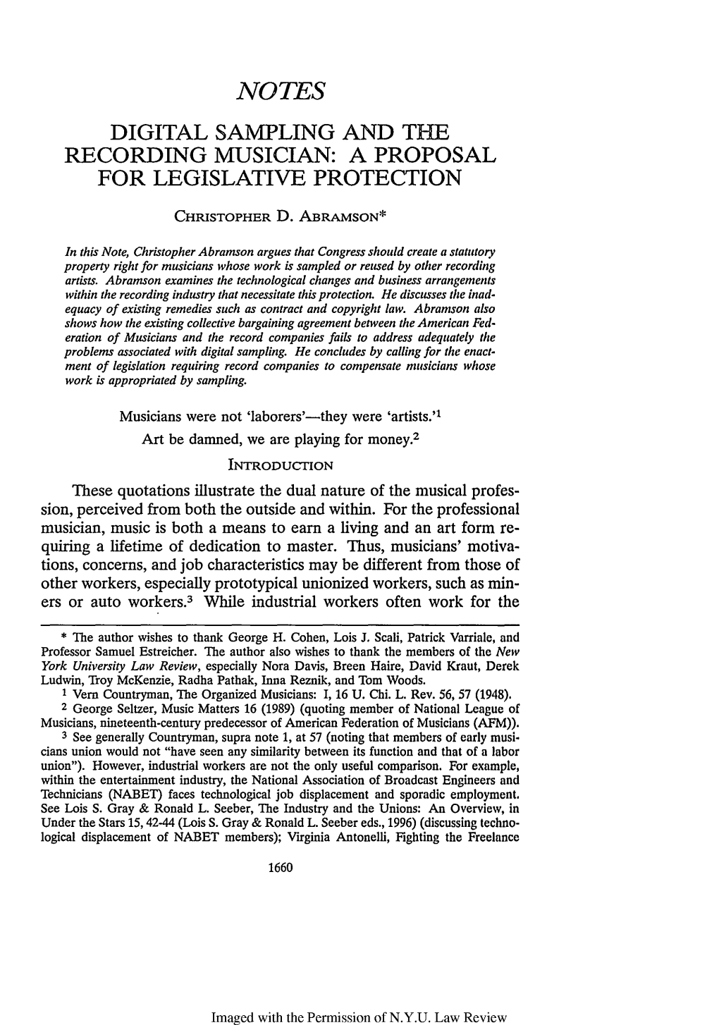 Digital Sampling and the Recording Musician: a Proposal for Legislative Protection