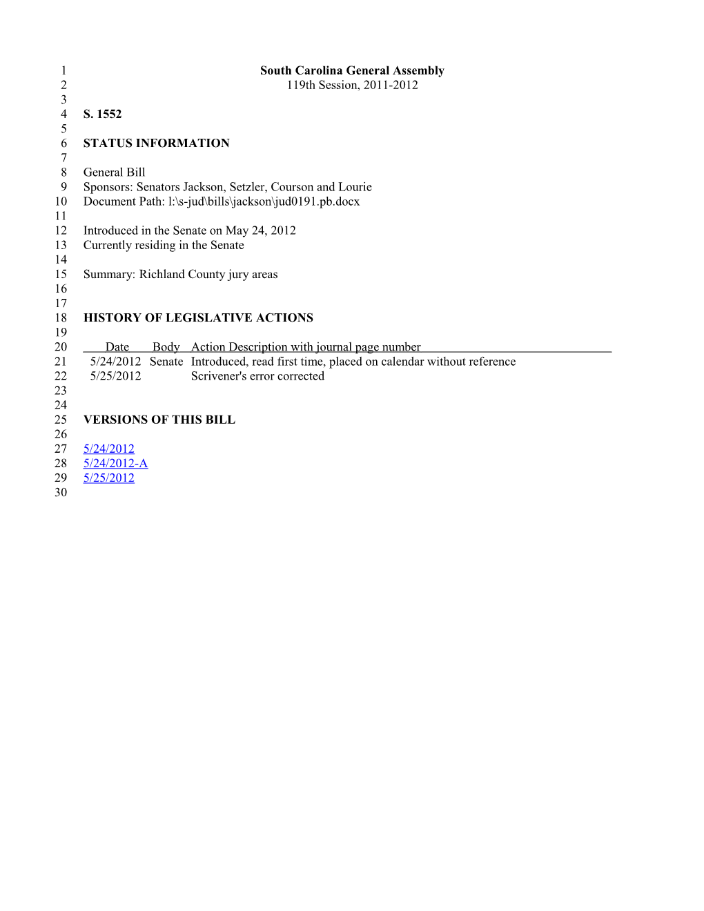 2011-2012 Bill 1552: Richland County Jury Areas - South Carolina Legislature Online