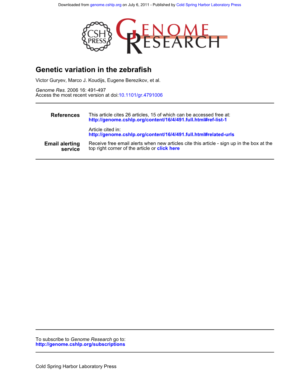 Genetic Variation in the Zebrafish