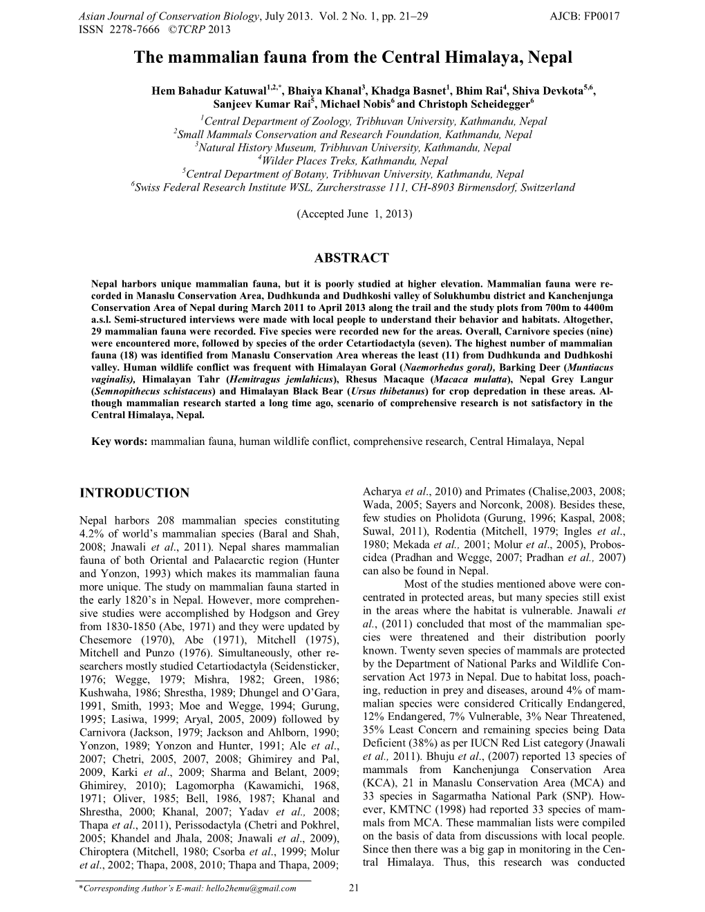 The Mammalian Fauna from the Central Himalaya, Nepal