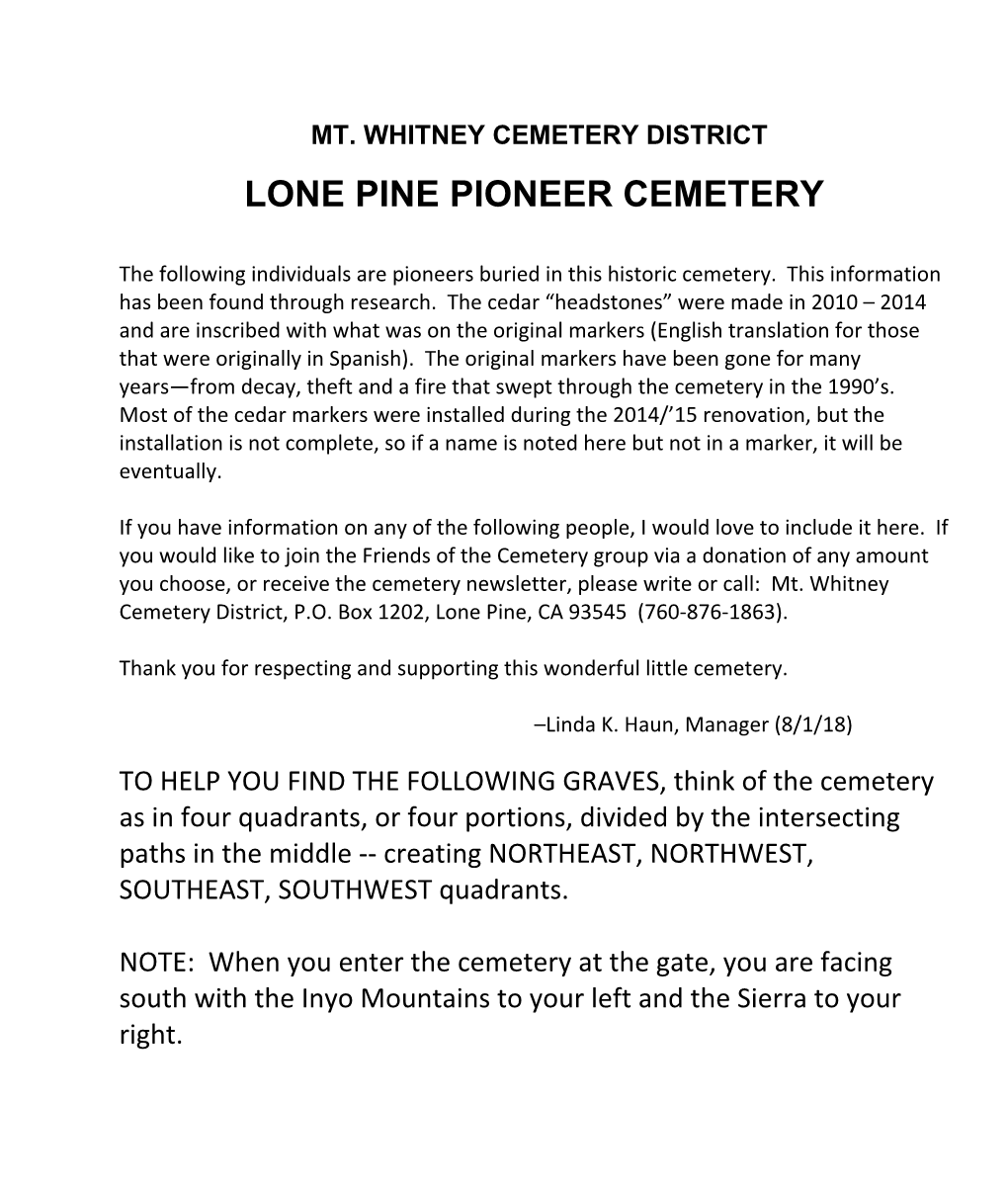 Lone Pine Pioneer Cemetery History