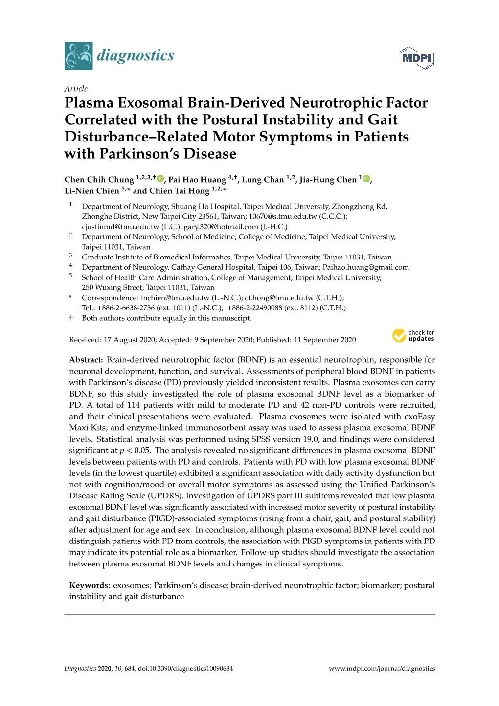 Plasma Exosomal Brain-Derived Neurotrophic Factor