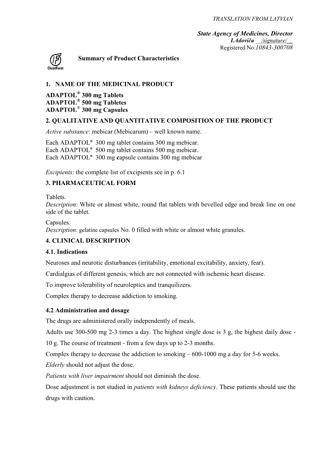 ADAPTOL Summary of Product Characteristics