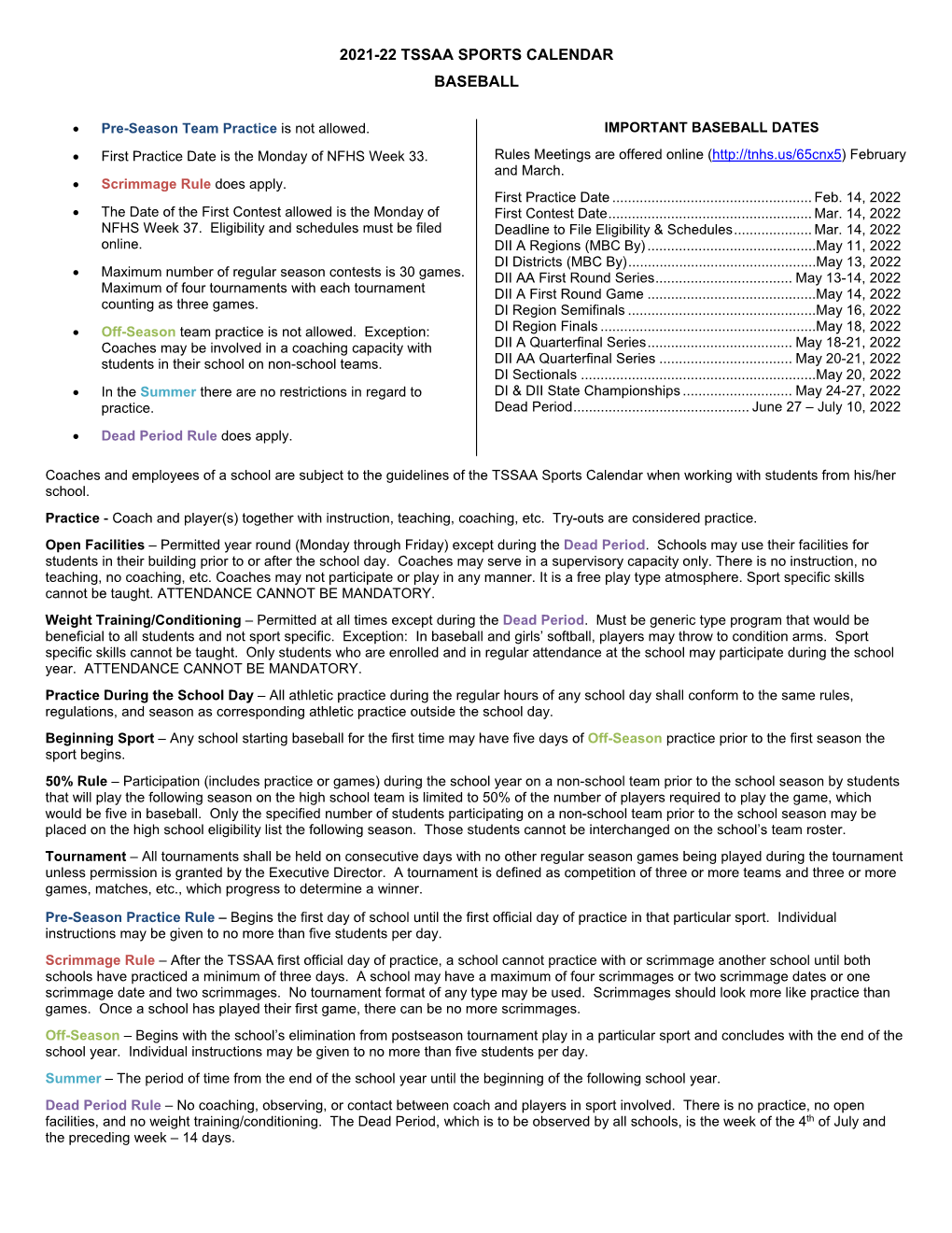 2021-22 Tssaa Sports Calendar Baseball