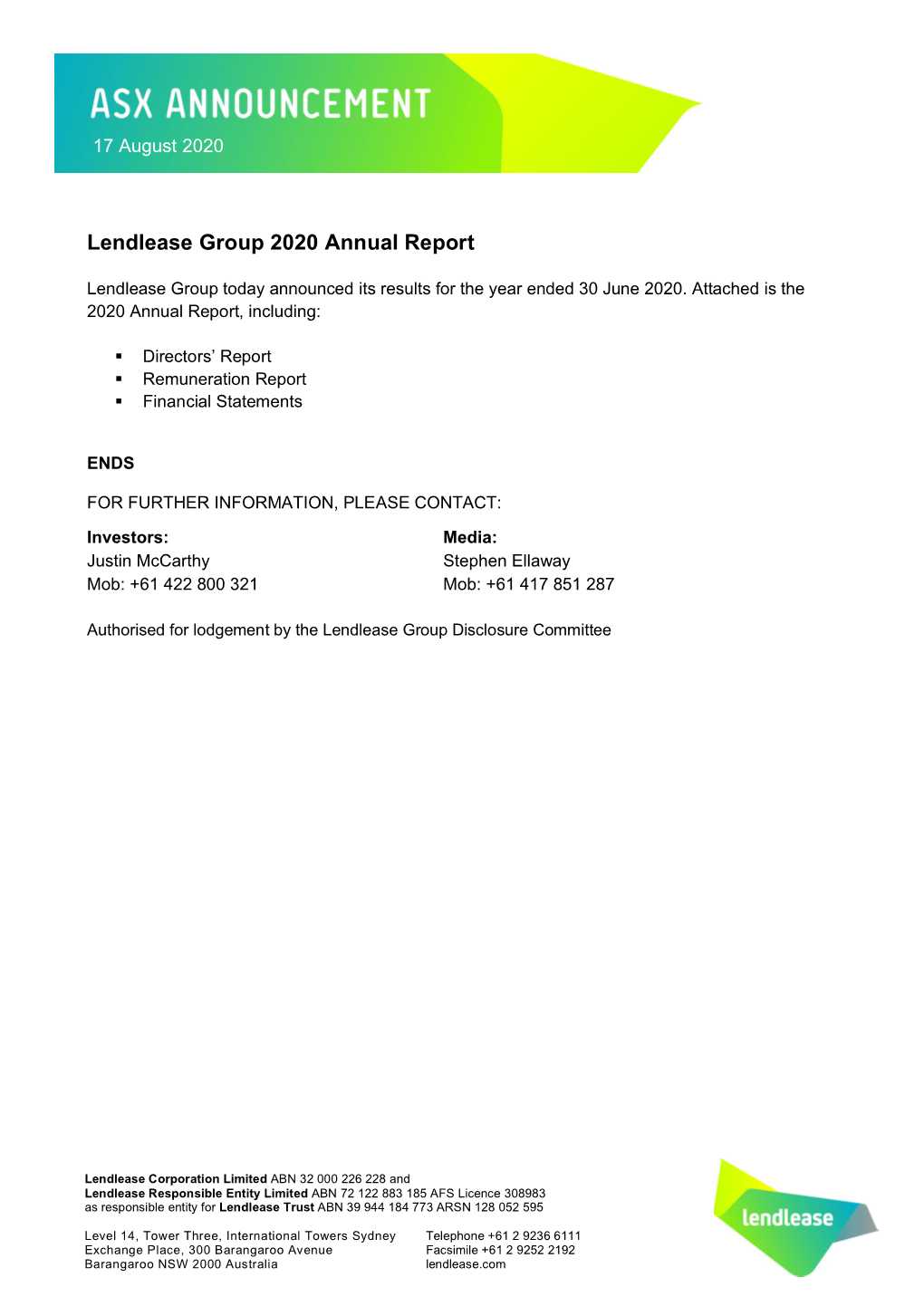 Lendlease Group 2020 Annual Report