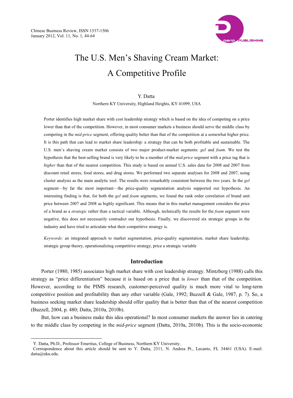 The US Men's Shaving Cream Market: a Competitive Profile