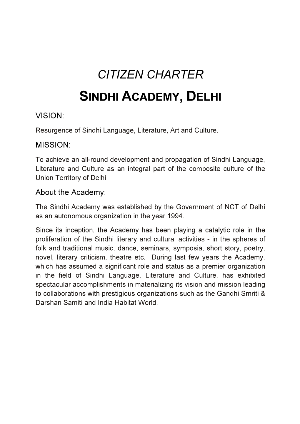 Citizen Charter Sindhi Academy , Delhi