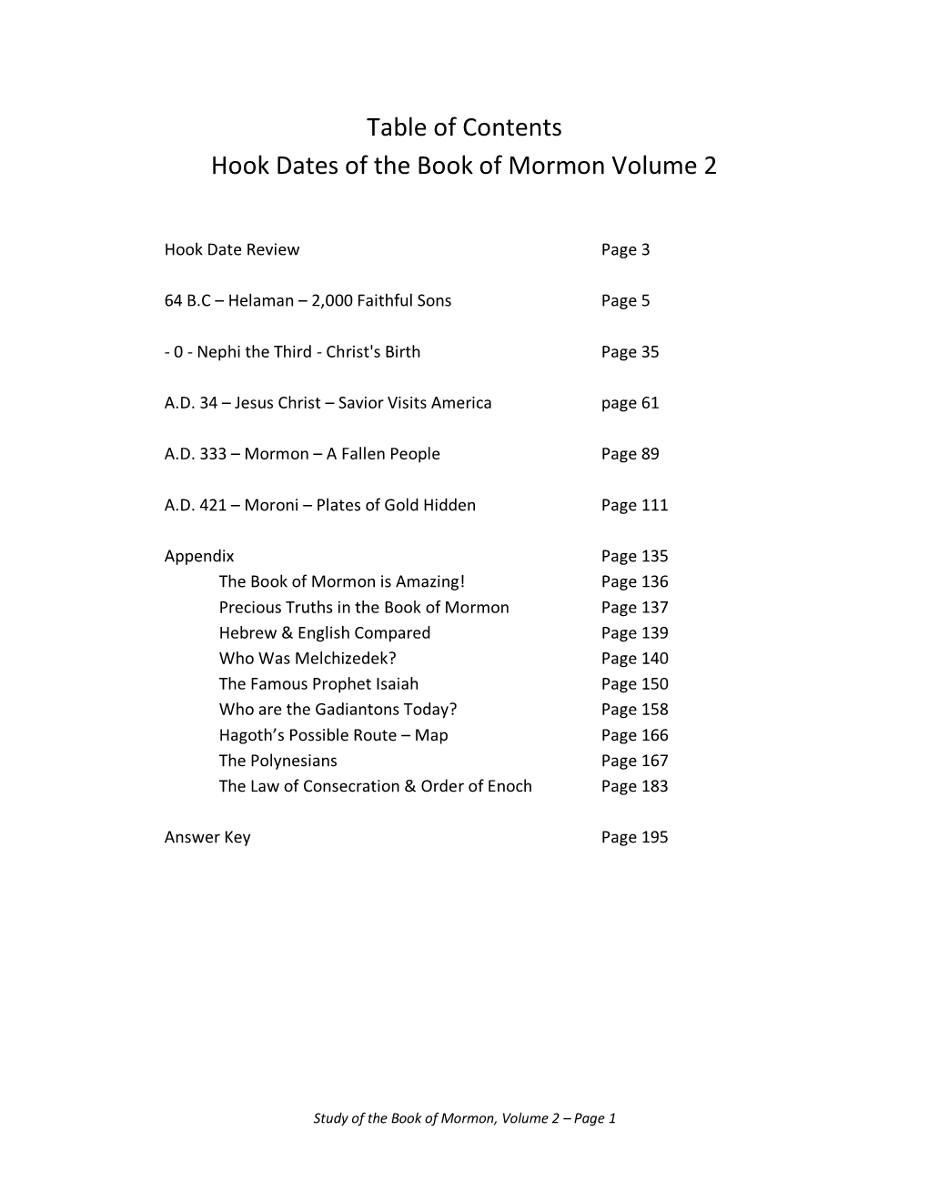 Table of Contents Hook Dates of the Book of Mormon Volume 2