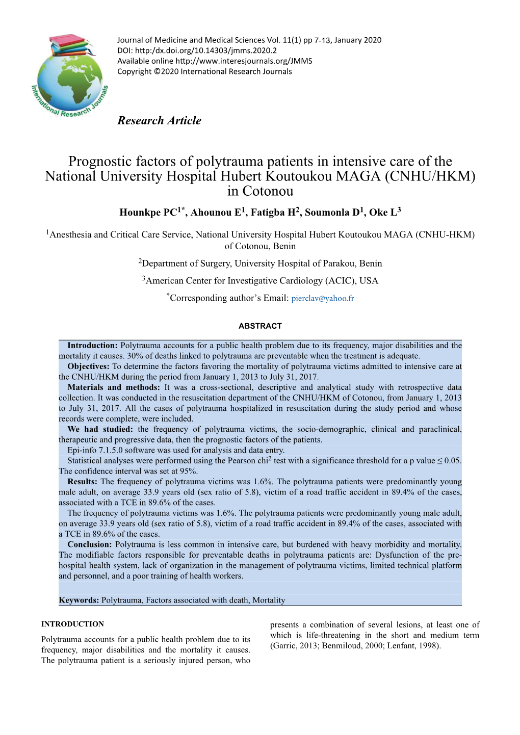 Prognostic Factors of Polytrauma Patients in Intensive Care of The