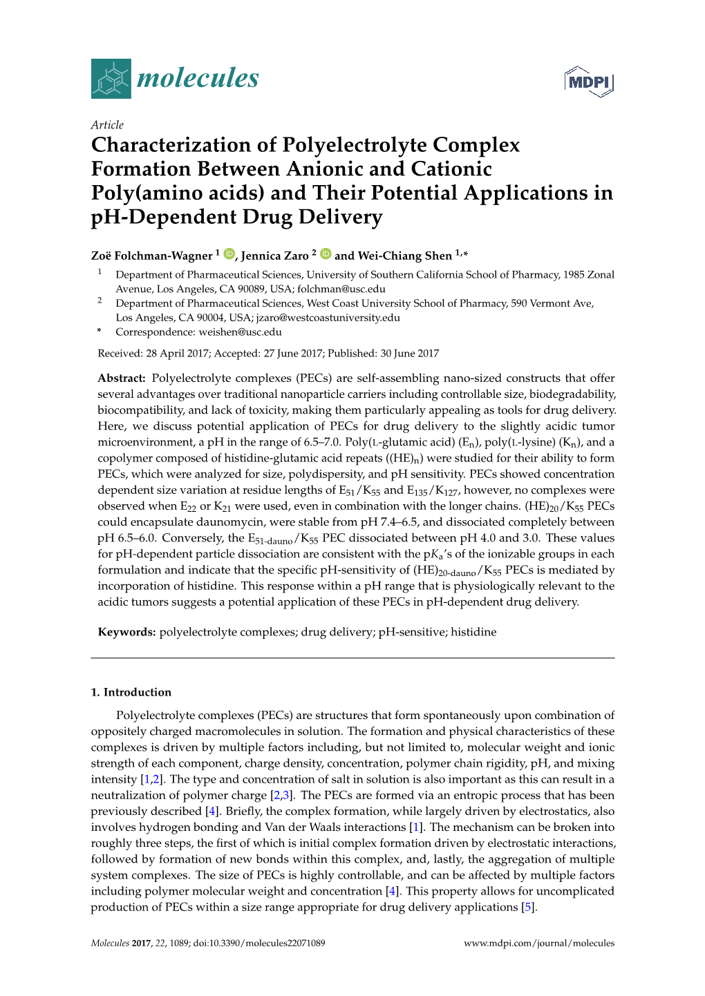 Characterization of Polyelectrolyte Complex Formation Between Anionic and Cationic Poly(Amino Acids) and Their Potential Applications in Ph-Dependent Drug Delivery