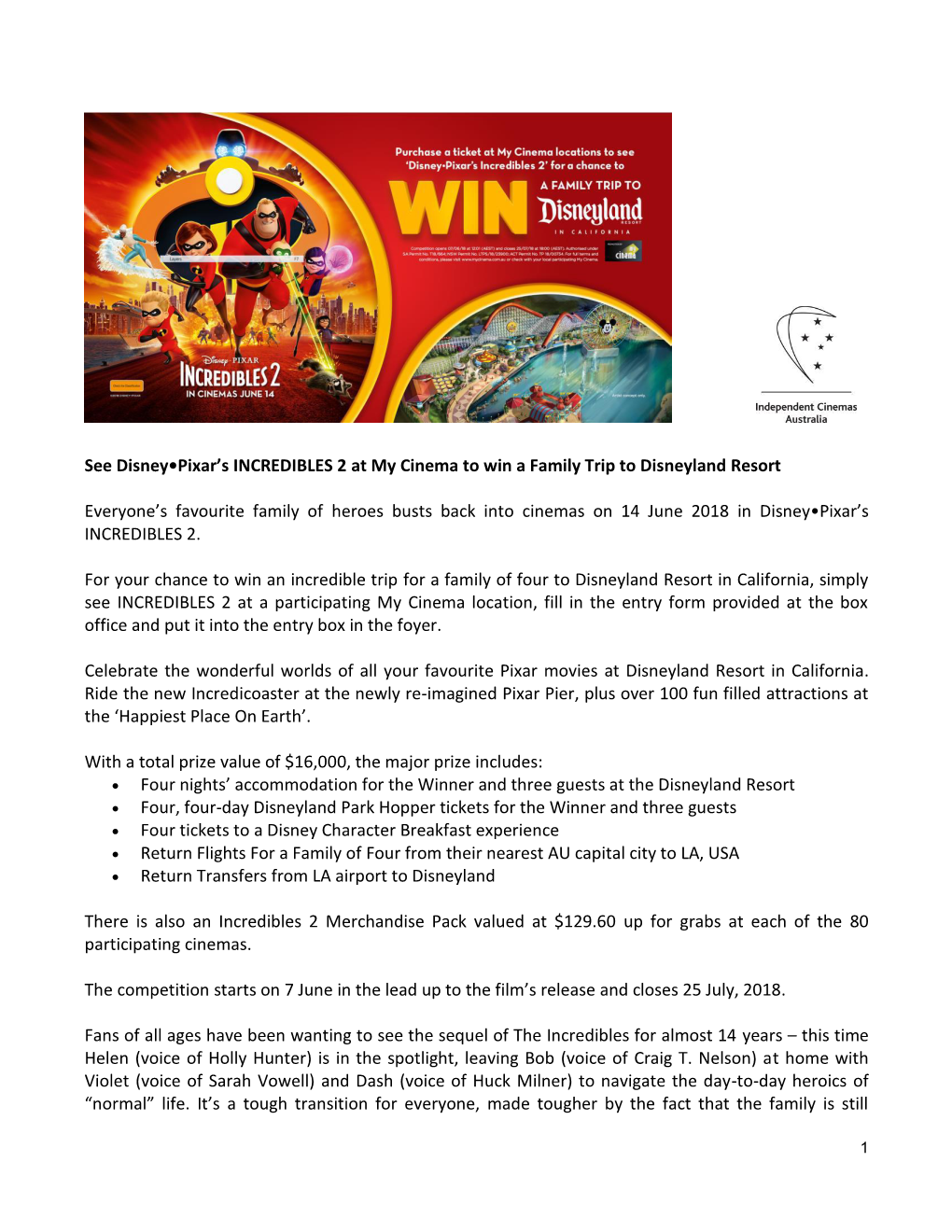 See Disney•Pixar's INCREDIBLES 2 at My Cinema to Win a Family Trip to Disneyland Resort