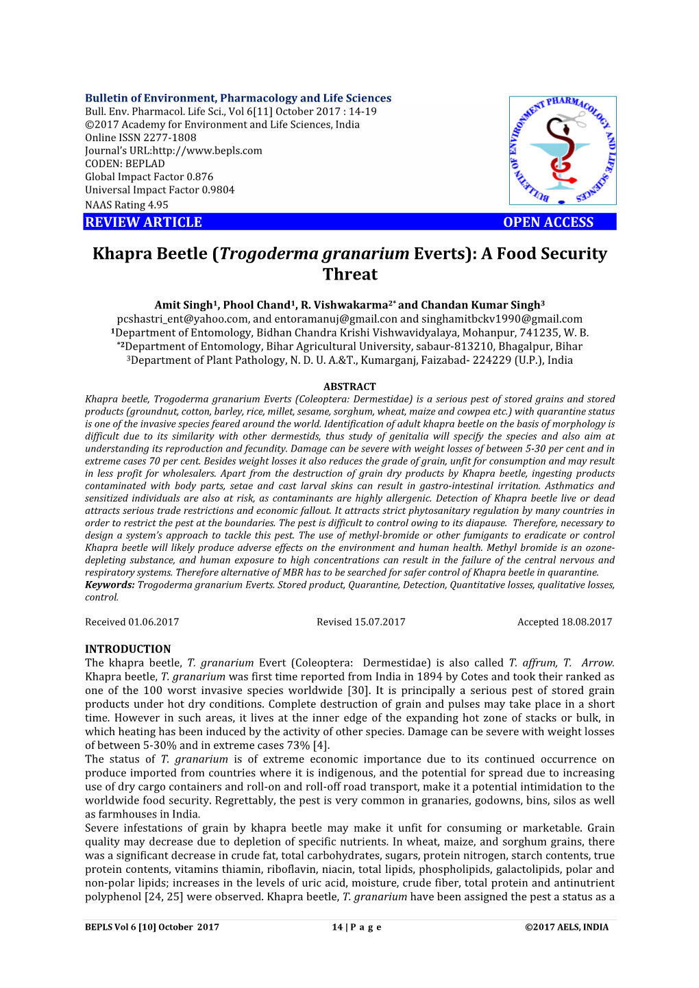 Khapra Beetle (Trogoderma Granarium Everts): a Food Security Threat