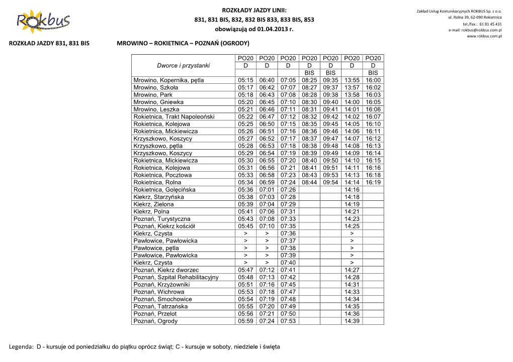 Rozkład Jazdy 831, 831 Bis Mrowino – Rokietnica – Poznań (Ogrody)