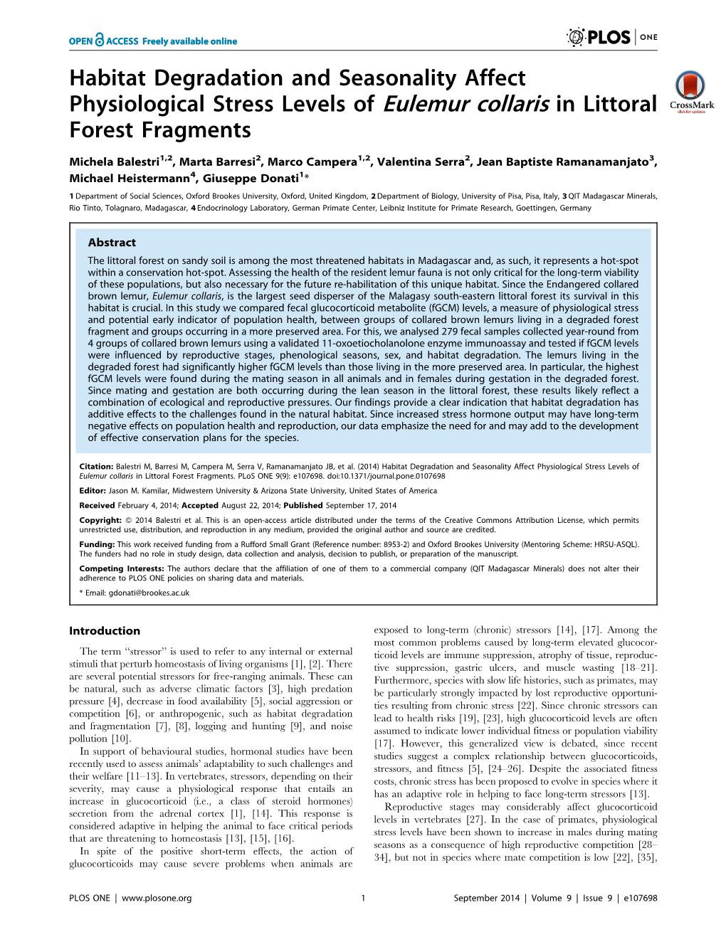 Habitat Degradation and Seasonality Affect Physiological Stress Levels of Eulemur Collaris in Littoral Forest Fragments