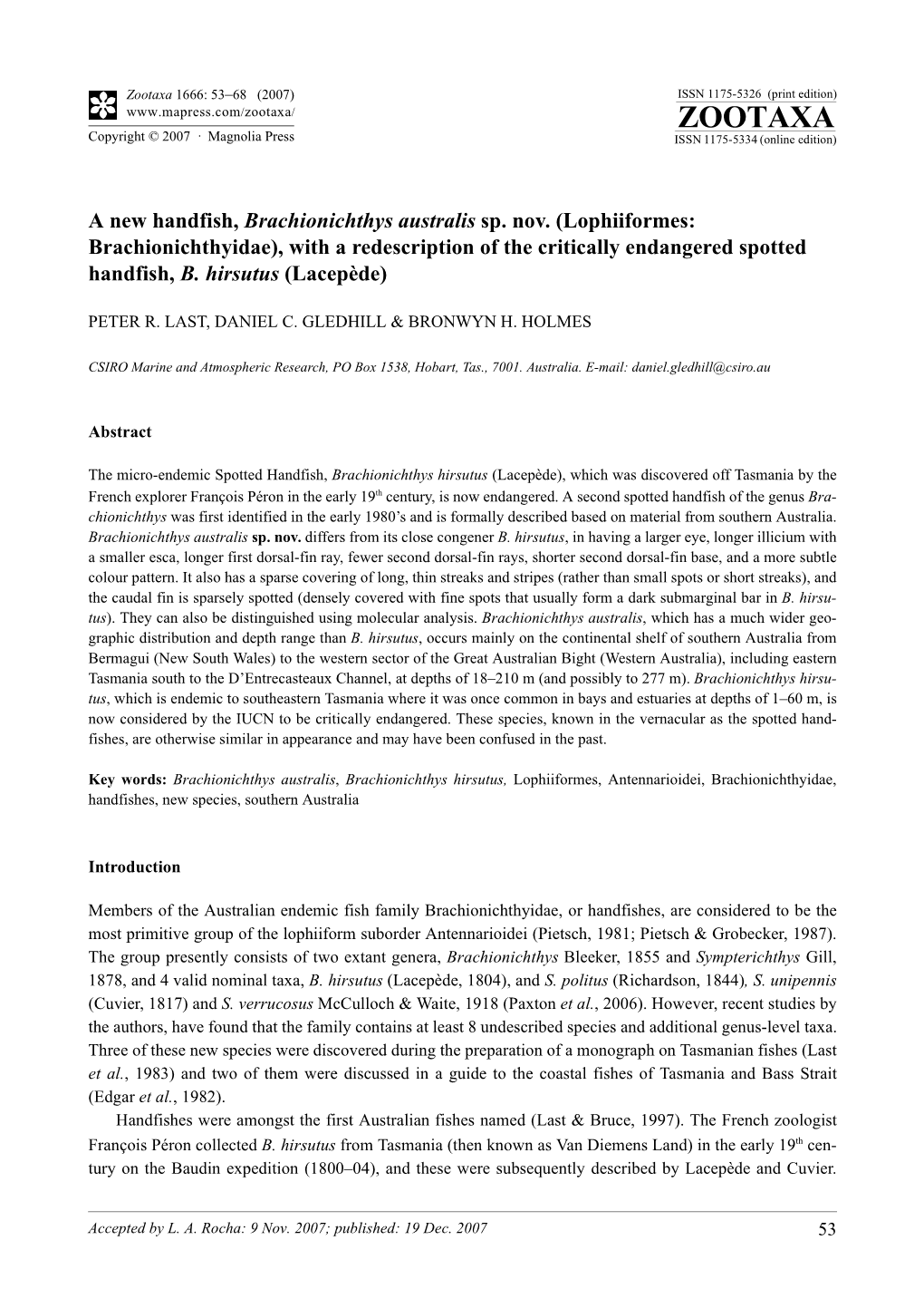 Zootaxa,A New Handfish, Brachionichthys