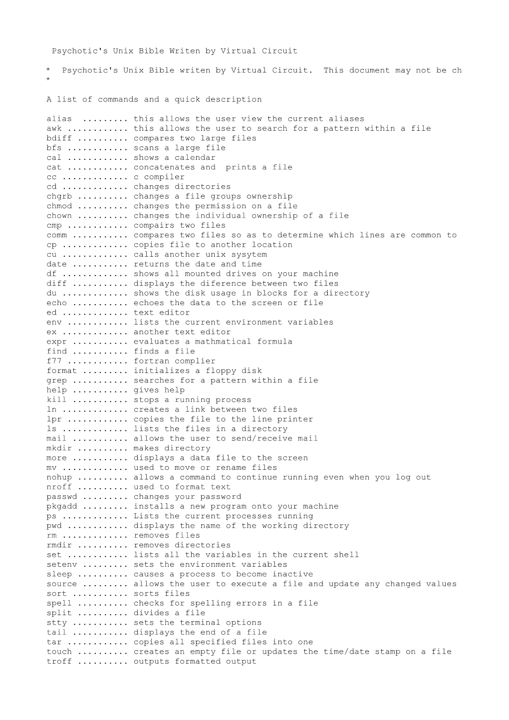 Psychotic's Unix Bible Writen by Virtual Circuit * Psychotic's Unix Bible Writen by Virtual Circuit. This Document May Not Be