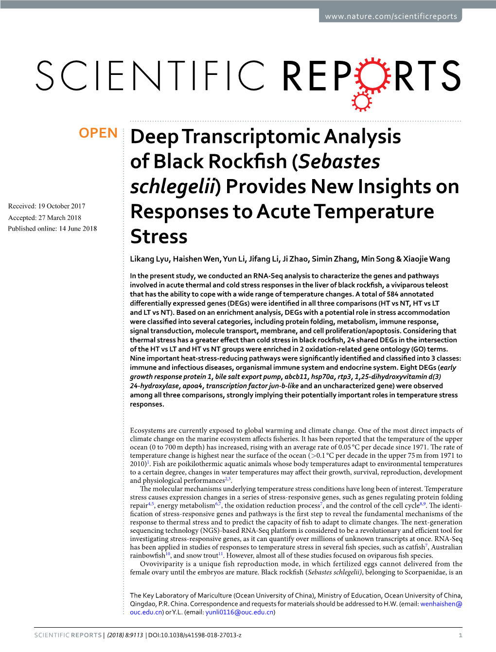Deep Transcriptomic Analysis of Black Rockfish (Sebastes Schlegelii)