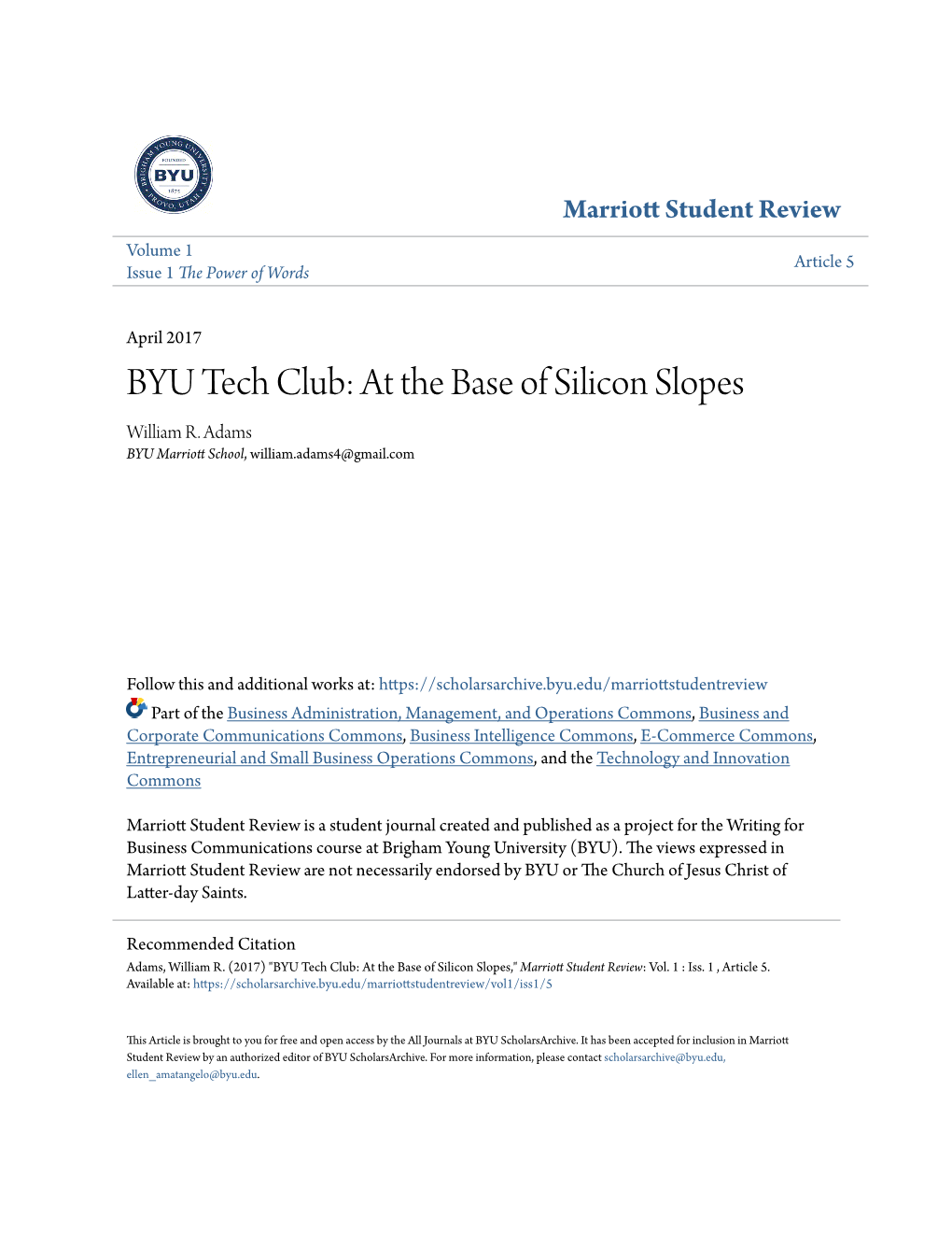 BYU Tech Club: at the Base of Silicon Slopes William R