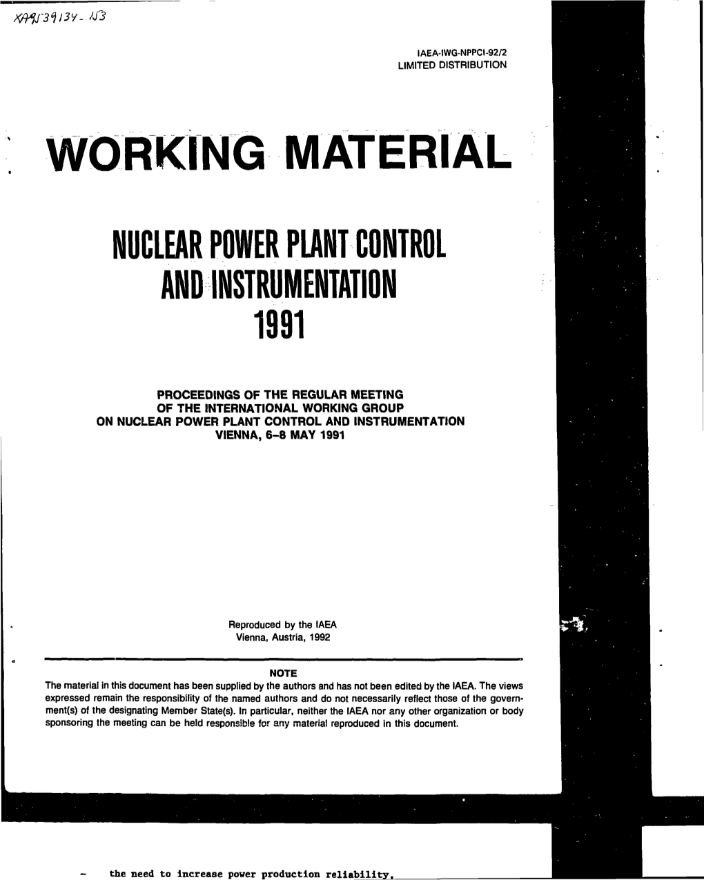 Working Material Nuclear Power Plant Control and Instrumentation 1991
