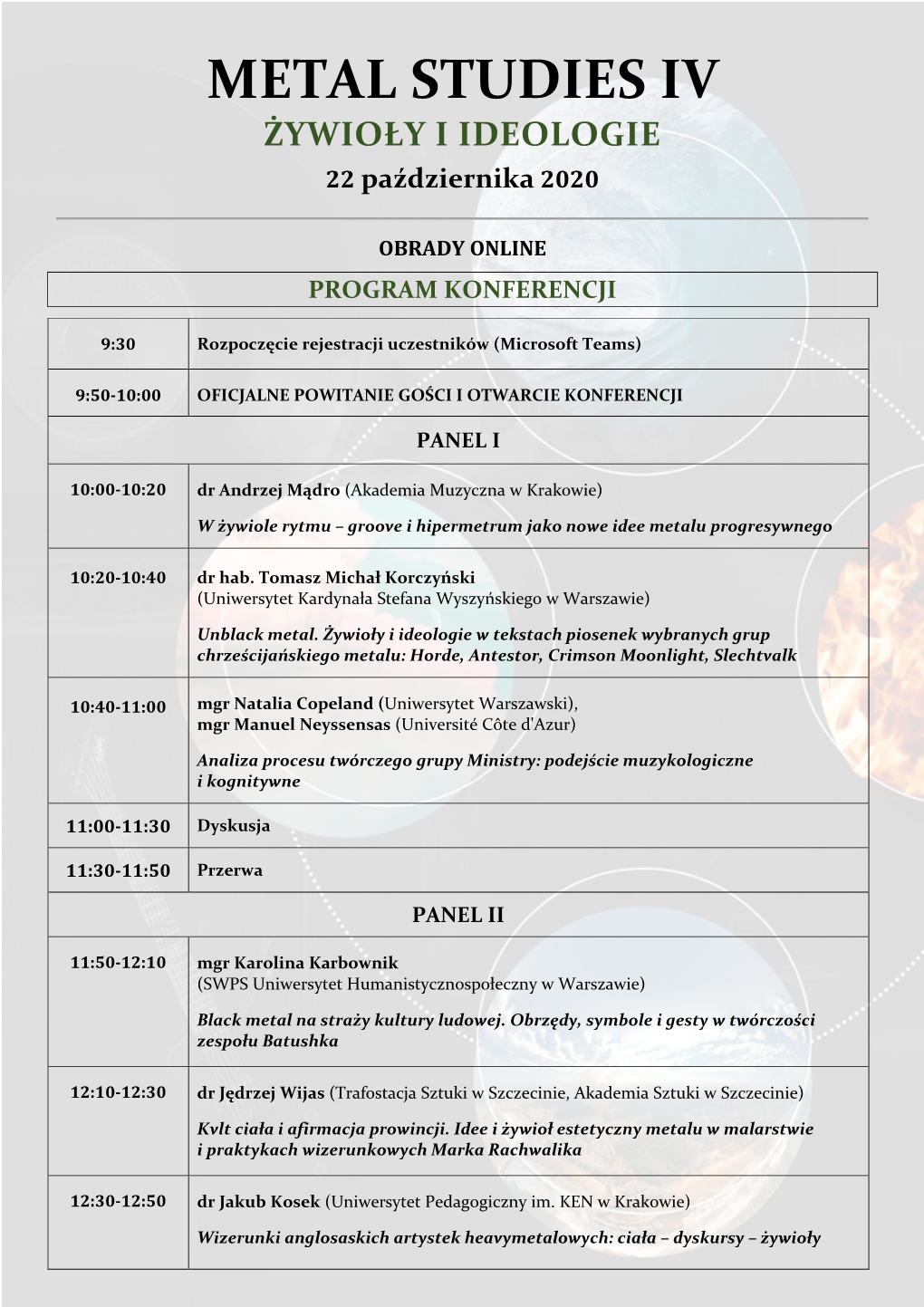 METAL STUDIES IV ŻYWIOŁY I IDEOLOGIE 22 Października 2020