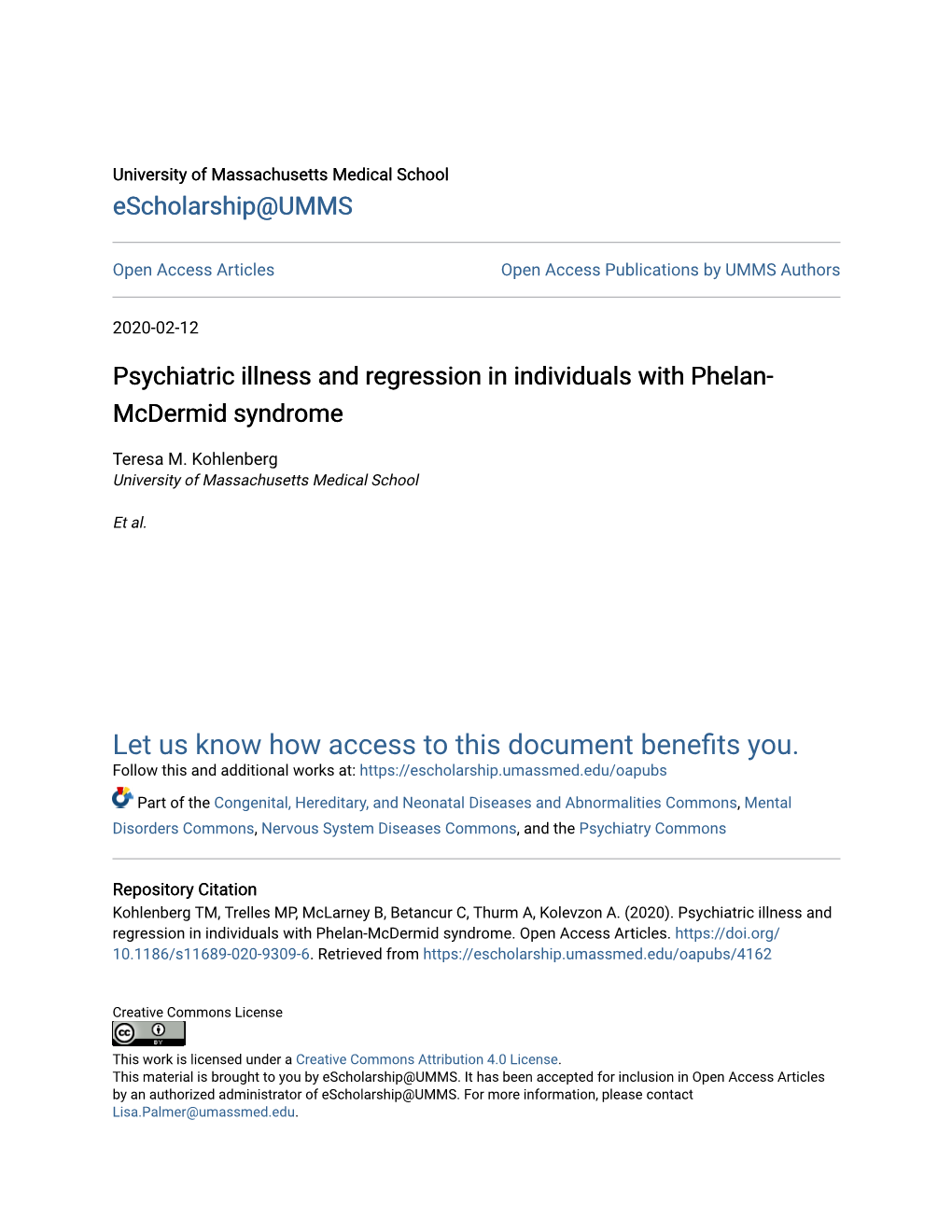 Psychiatric Illness and Regression in Individuals with Phelan- Mcdermid Syndrome