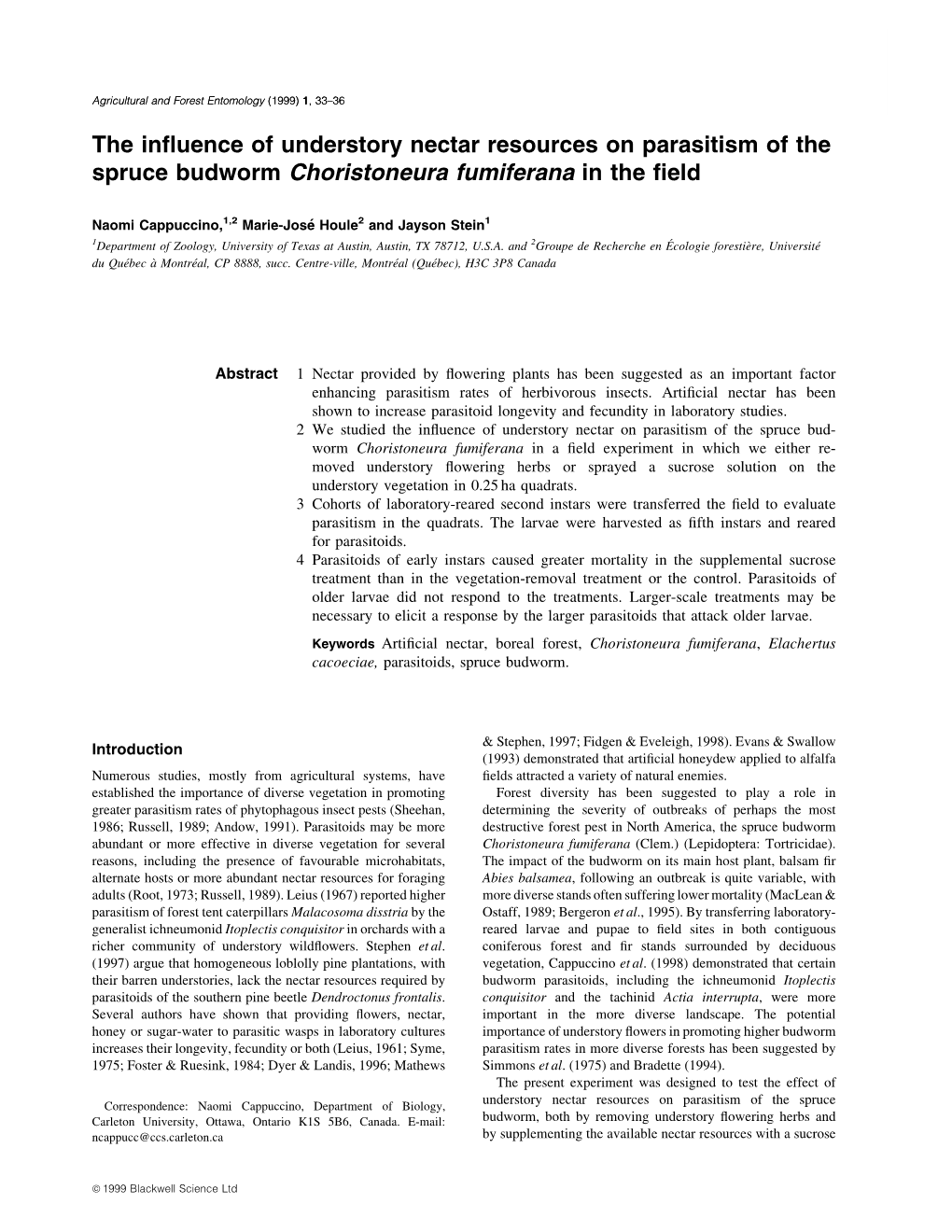 The Influence of Understory Nectar Resources on Parasitism of The