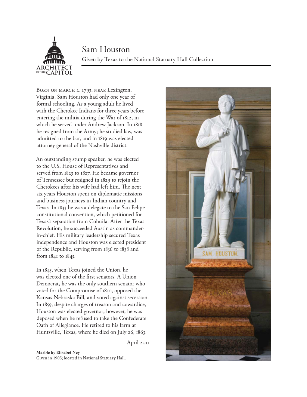 Sam Houston Given by Texas to the National Statuary Hall Collection