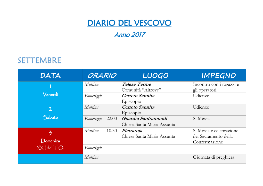 Diario Del Vescovo Settembre