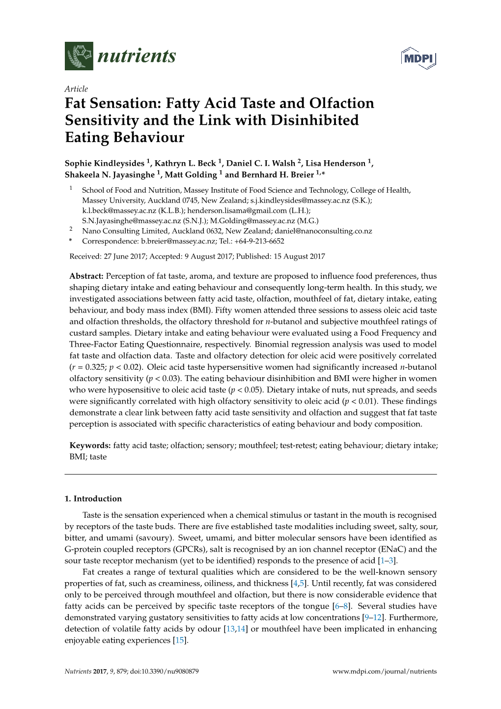 Fat Sensation: Fatty Acid Taste and Olfaction Sensitivity and the Link with Disinhibited Eating Behaviour