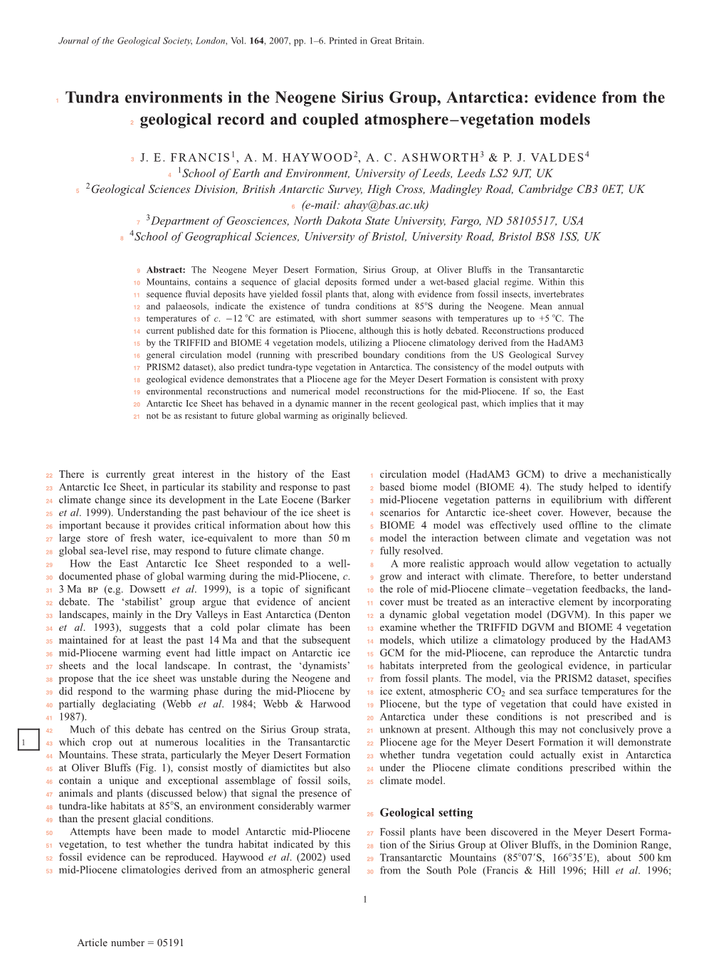 1 Tundra Environments in the Neogene Sirius Group, Antarctica: Evidence from The