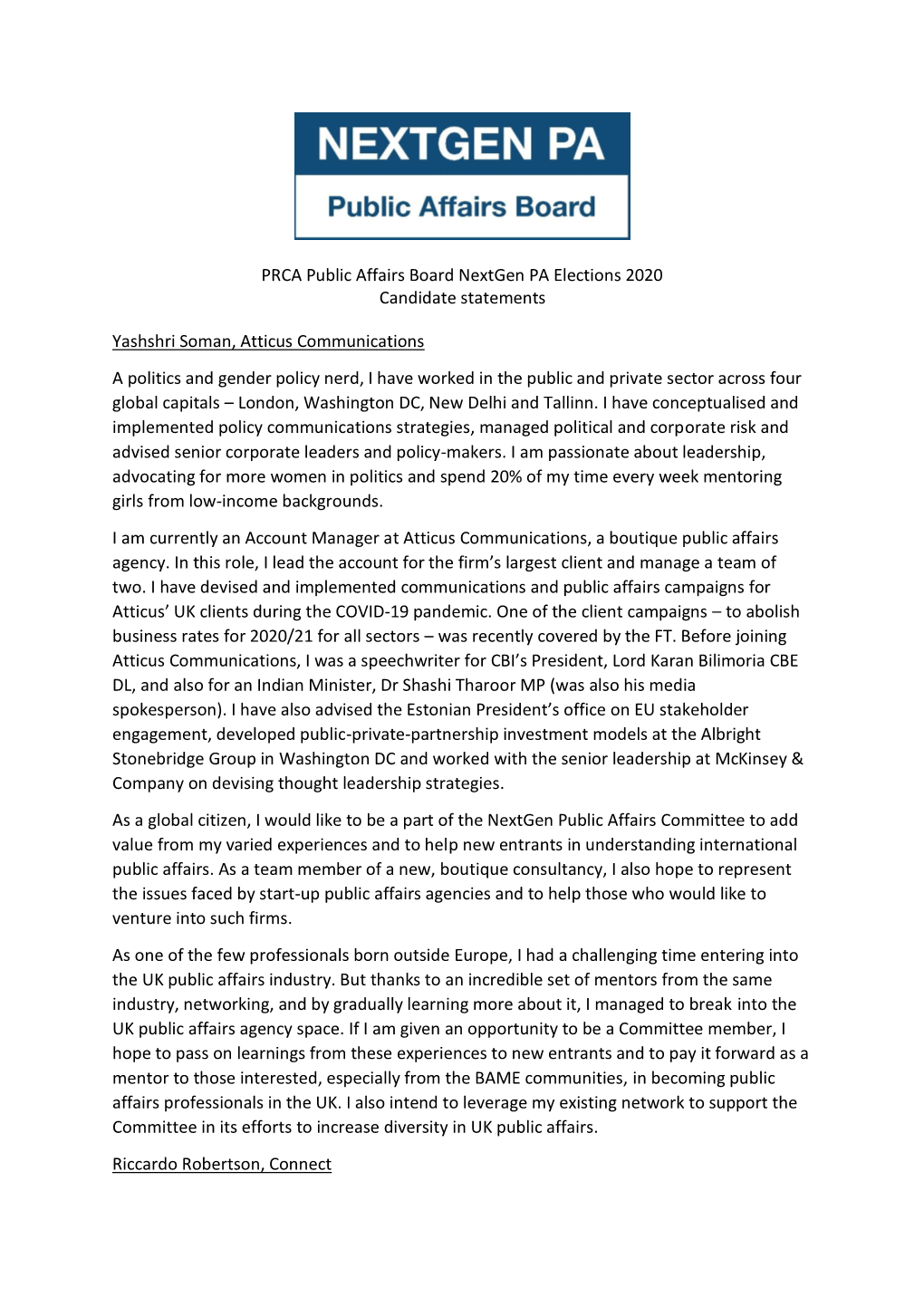 PRCA Public Affairs Board Nextgen PA Elections 2020 Candidate Statements