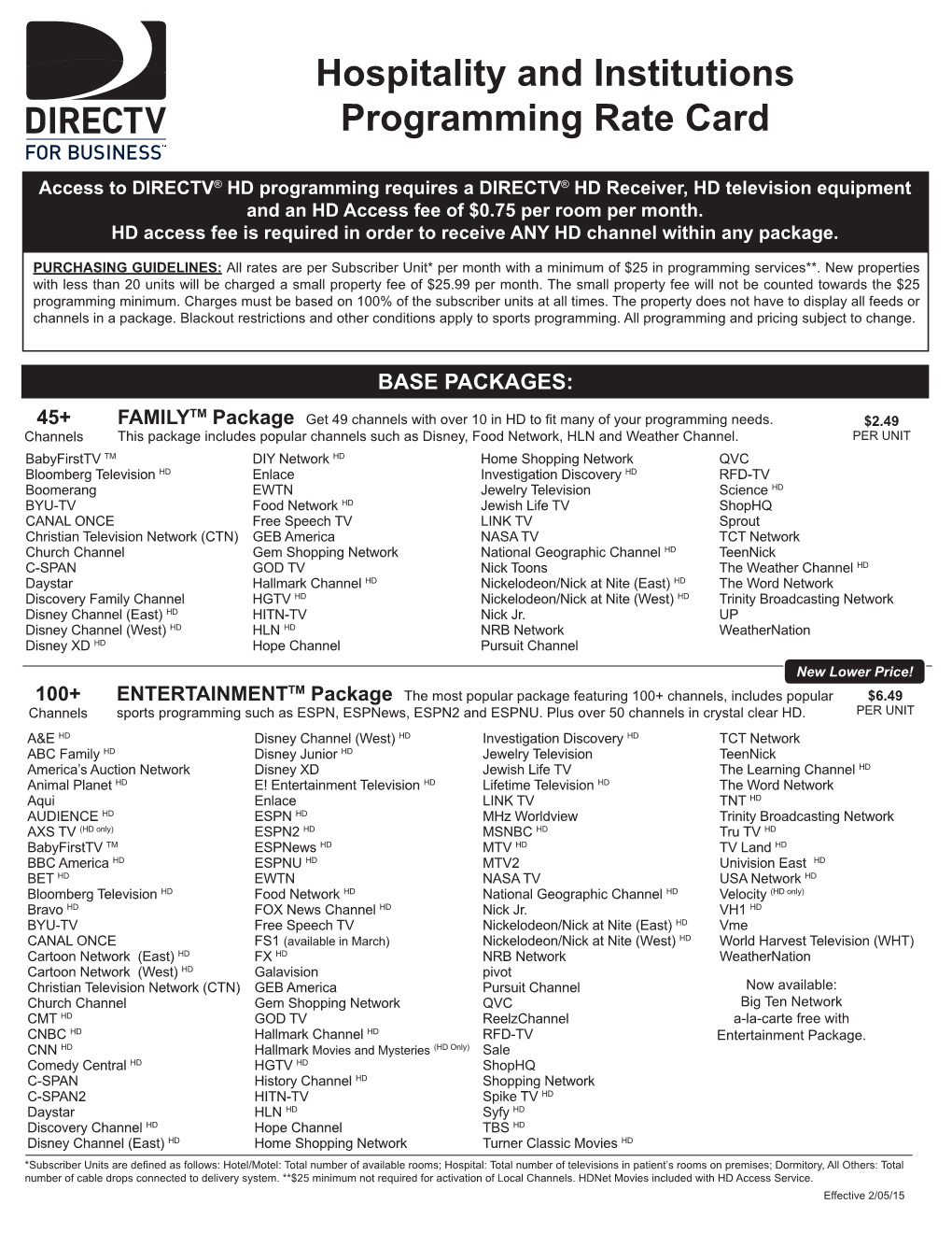 Hospitality and Institutions Programming Rate Card