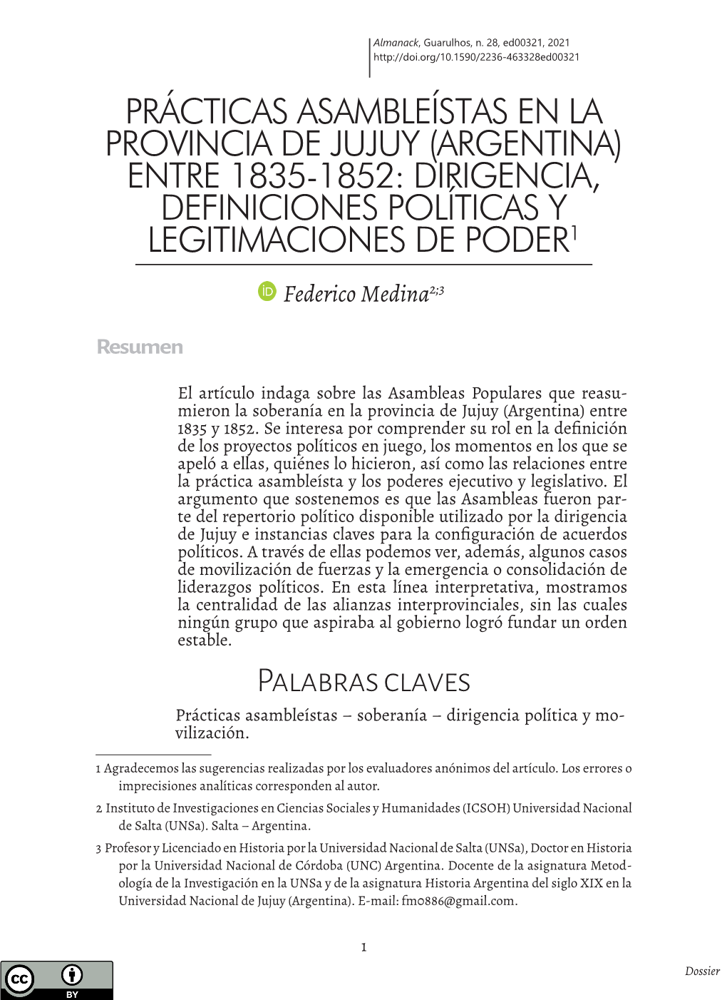 Prácticas Asambleístas En La Provincia De Jujuy (Argentina) Entre 1835-1852: Dirigencia, Definiciones Políticas Y Legitimaciones De Poder1