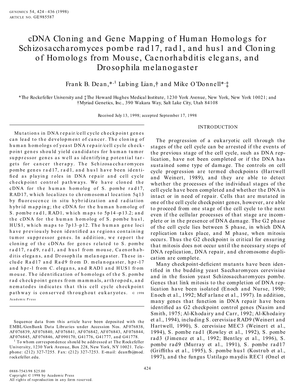 Cdna Cloning and Gene Mapping of Human Homologs For