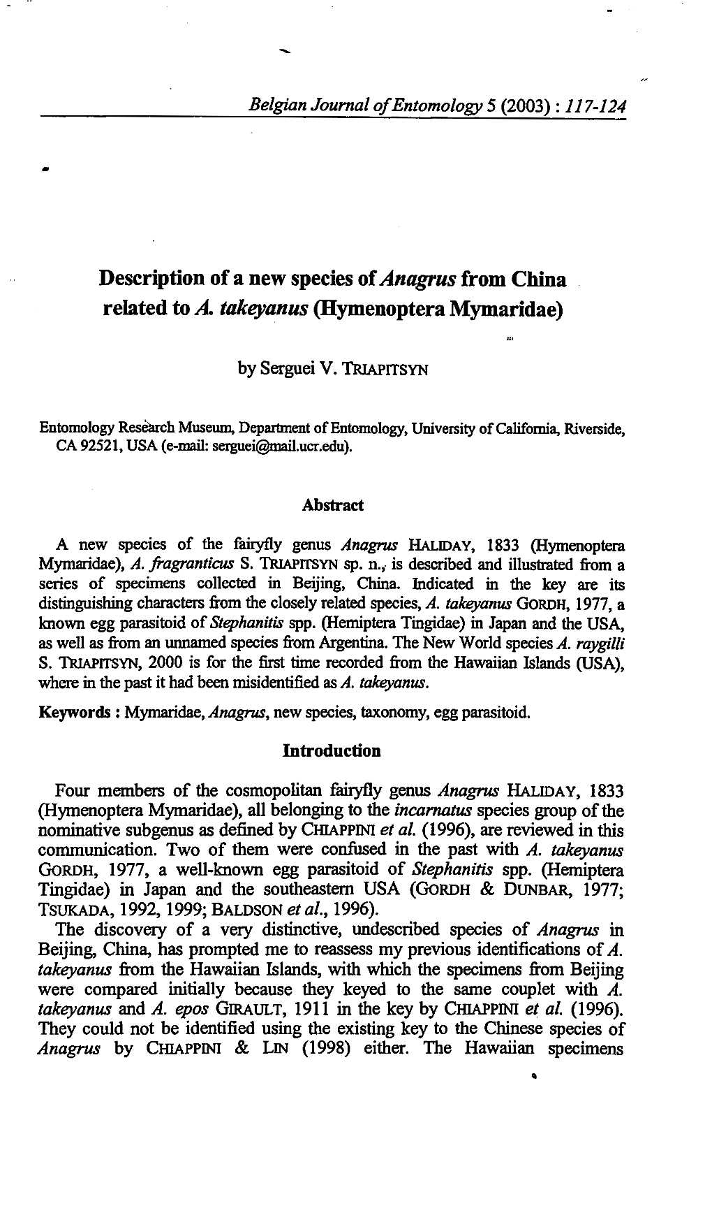 Description of a New Species of Anagrus from China Related to A