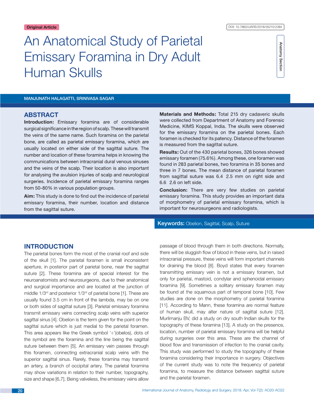 An Anatomical Study of Parietal Emissary Foramina in Dry Adult Skulls