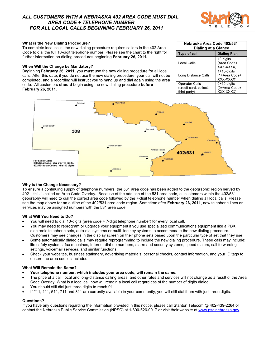 NE 402 531 Area Code Overlay 2Nd Customer Notice