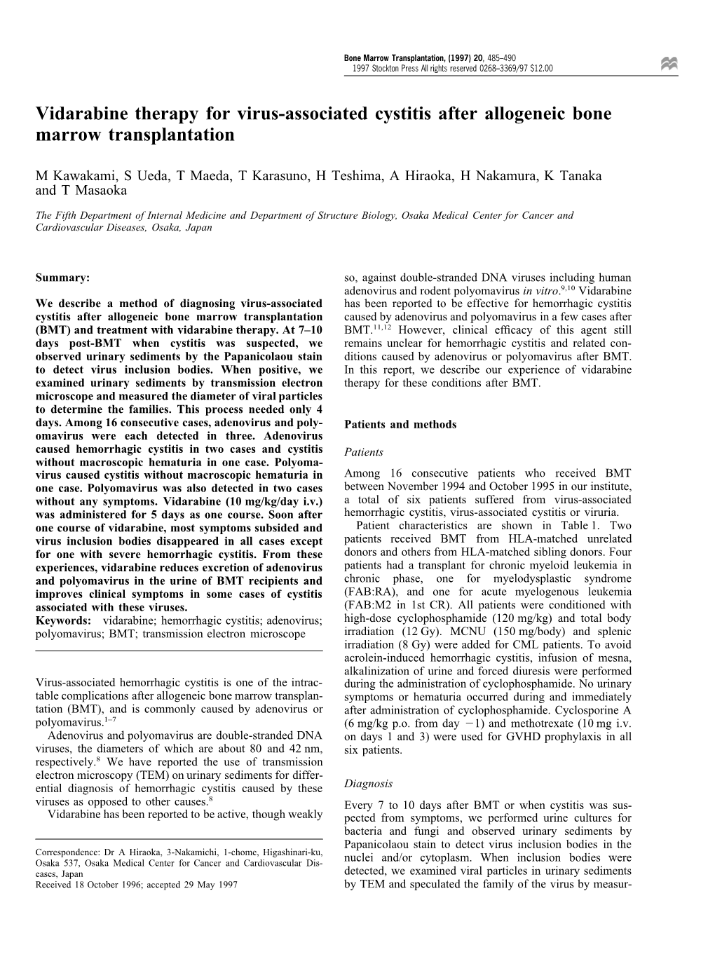 Vidarabine Therapy for Virus-Associated Cystitis After Allogeneic Bone Marrow Transplantation