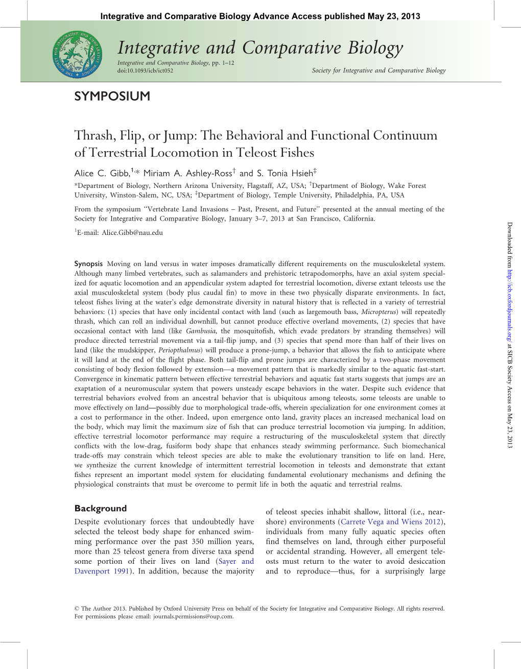 Integrative and Comparative Biology Advance Access Published May 23, 2013 Integrative and Comparative Biology Integrative and Comparative Biology, Pp