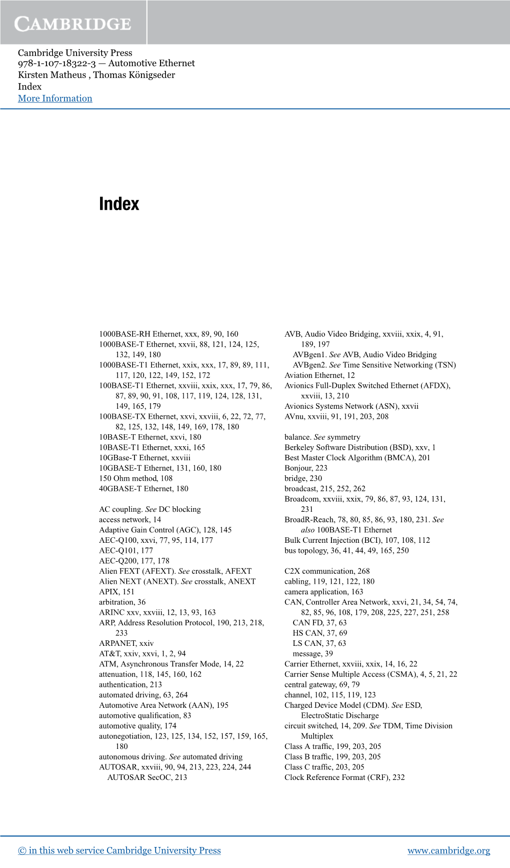 Cambridge University Press 978-1-107-18322-3 — Automotive Ethernet Kirsten Matheus , Thomas Königseder Index More Information